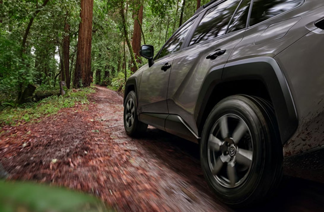 Toyota SUV driving through a wooded trail